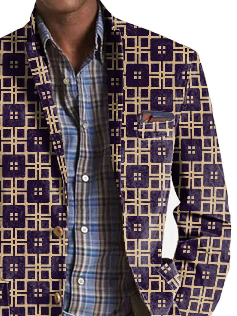 Men BXL Print Jacket | Men'S Retro Geometric Print Pocket Casual Blazer Purple