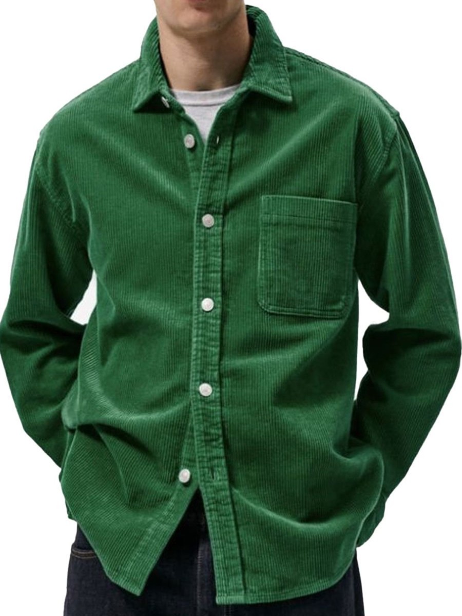 Men BXL Casual Shirts | Men'S Solid Color Corduroy Casual Pocket Long Sleeve Shirt Green