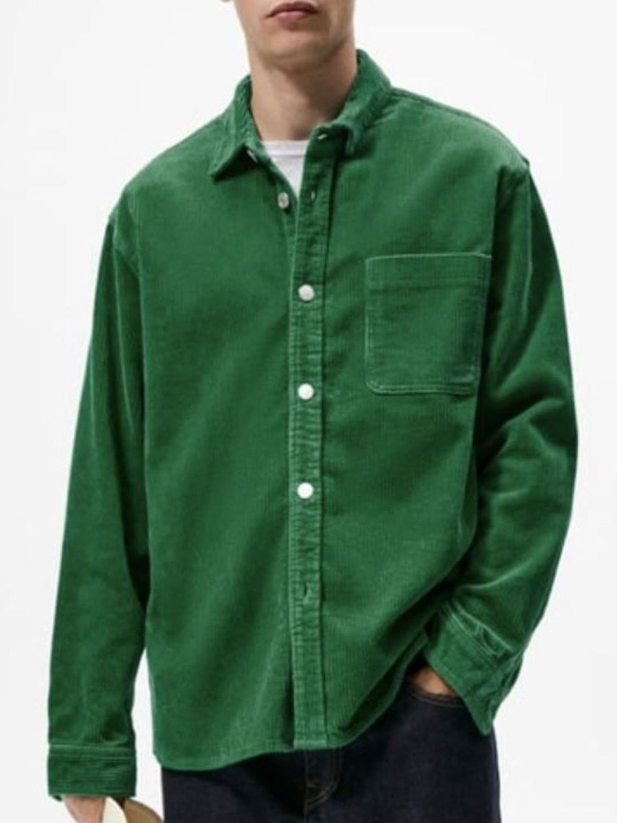 Men BXL Casual Shirts | Men'S Solid Color Corduroy Casual Pocket Long Sleeve Shirt Green