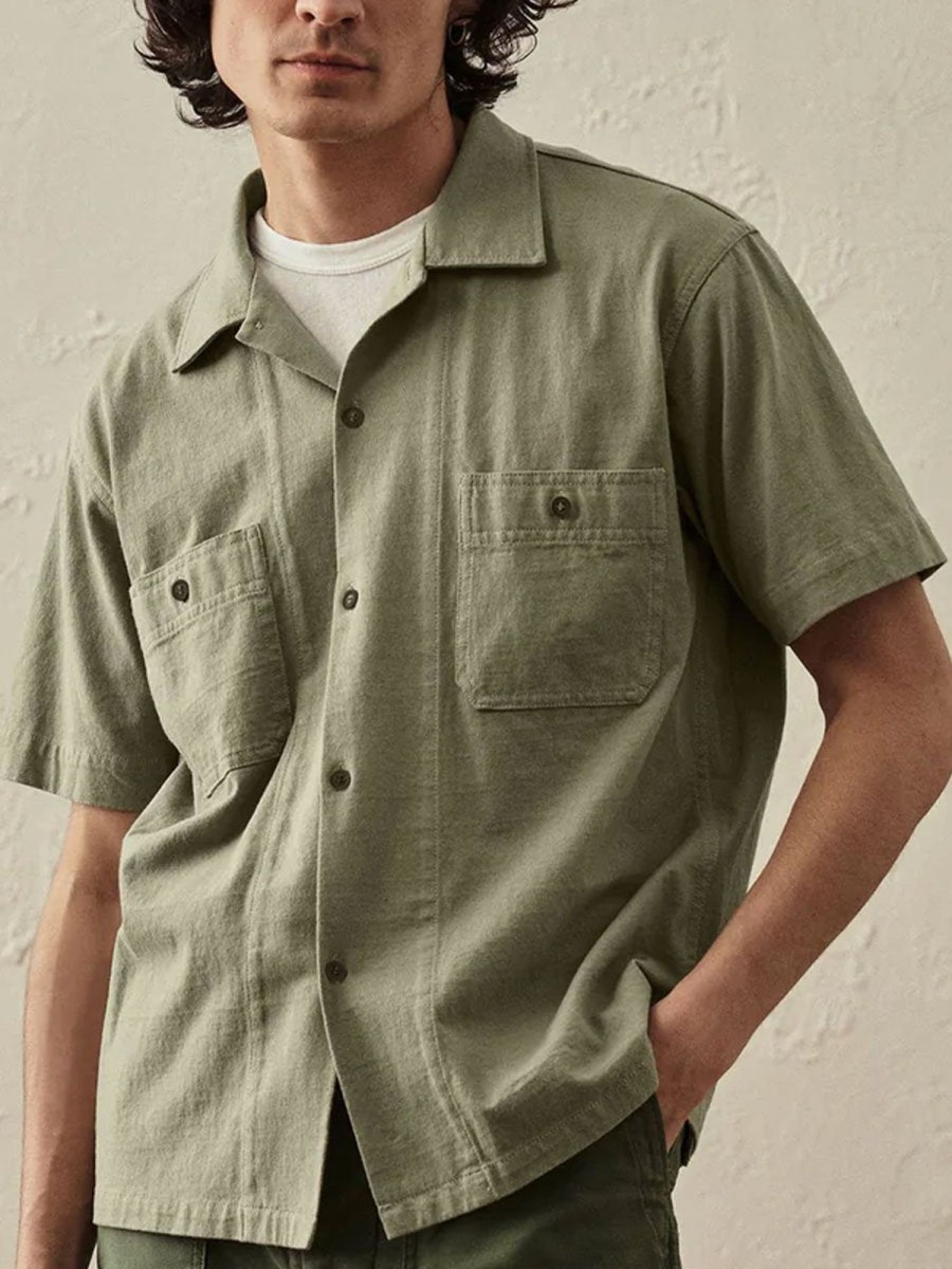 Men BXL Casual Short Sleeve Shirts | Men'S Solid Color Cotton Pocket Casual Short Sleeve Shirt Light Green