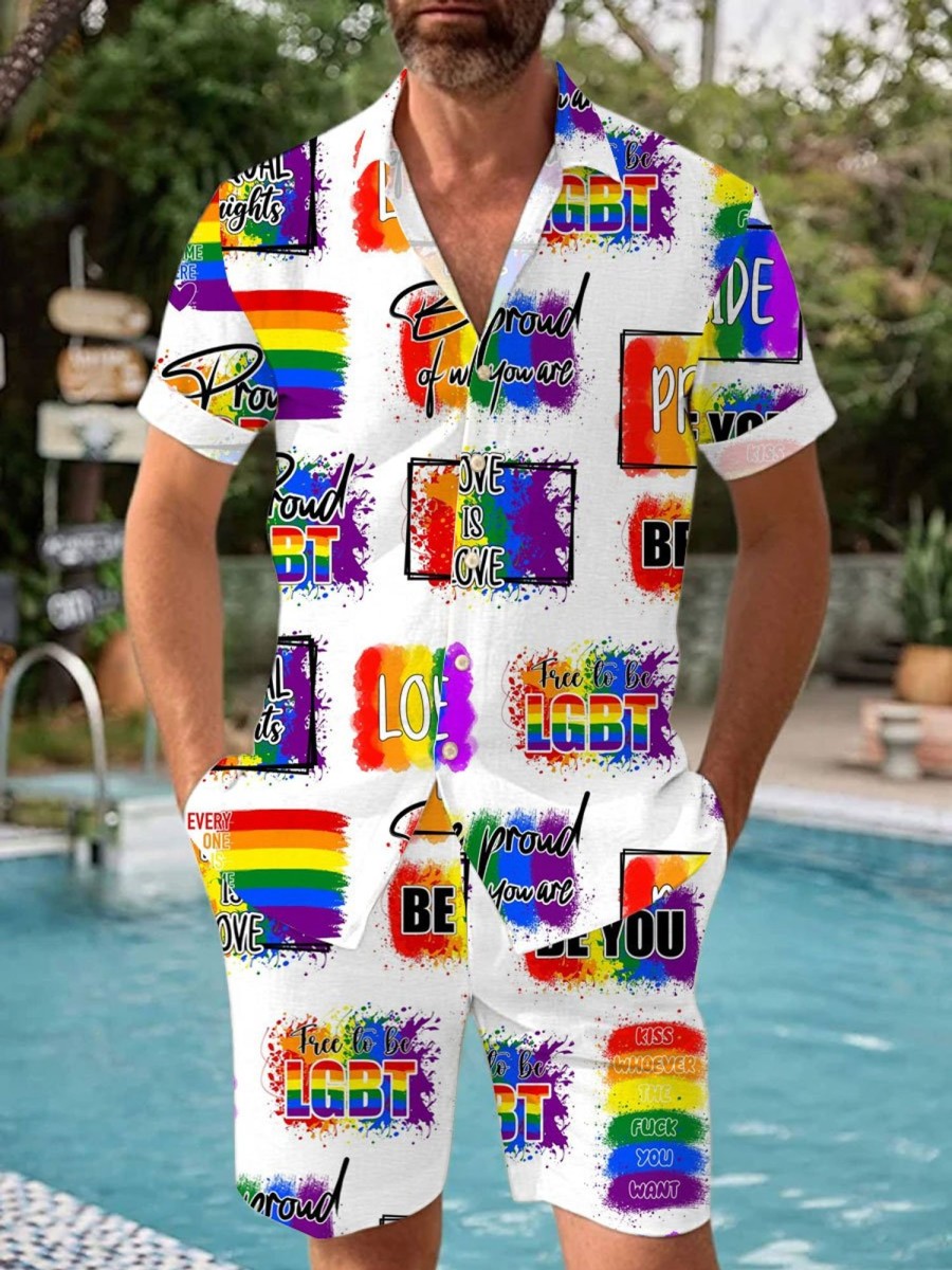 Men BXL Set | Rainbow Print Resort Short-Sleeved Shirt And Shorts Set Photo Color