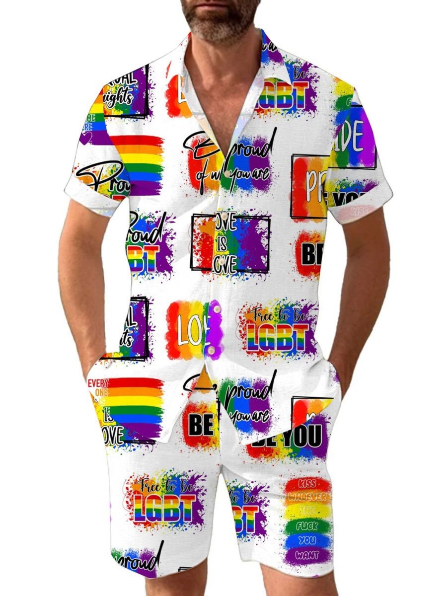 Men BXL Set | Rainbow Print Resort Short-Sleeved Shirt And Shorts Set Photo Color