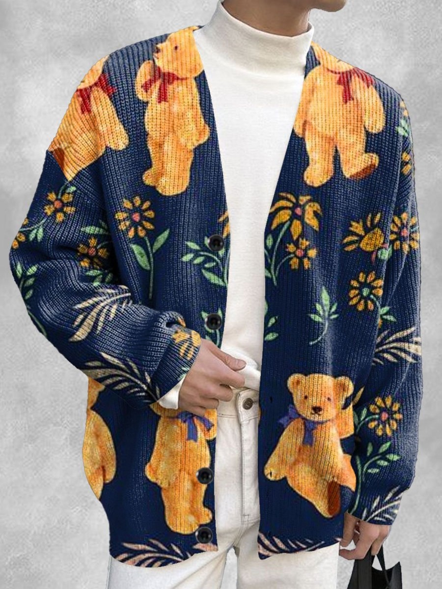 Men DJ Print Cardigan | Retro Bear Print Casual Knitted Cardigan Navy