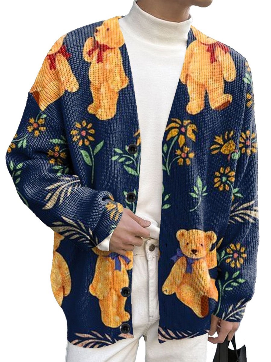 Men DJ Print Cardigan | Retro Bear Print Casual Knitted Cardigan Navy