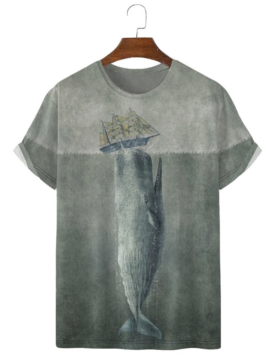 Men HLJ T-Shirts | Moby Dick Ocean Casual Short Sleeve T-Shirt Gray Green