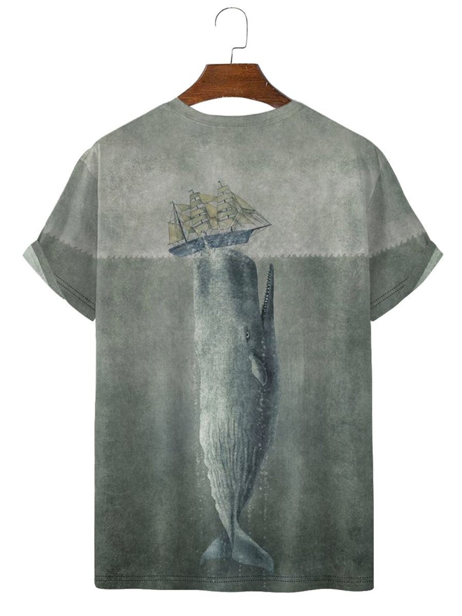 Men HLJ T-Shirts | Moby Dick Ocean Casual Short Sleeve T-Shirt Gray Green