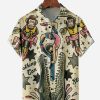 Men GYJ Shirts | Alligator Monkey Print Pocket Casual Short Sleeve Shirt Light Khaki