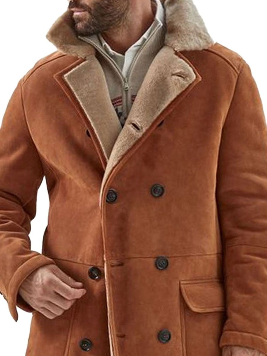 Men DJ Jacket | Lapel Double Pocket Suede And Fleece Warm Coat Brown