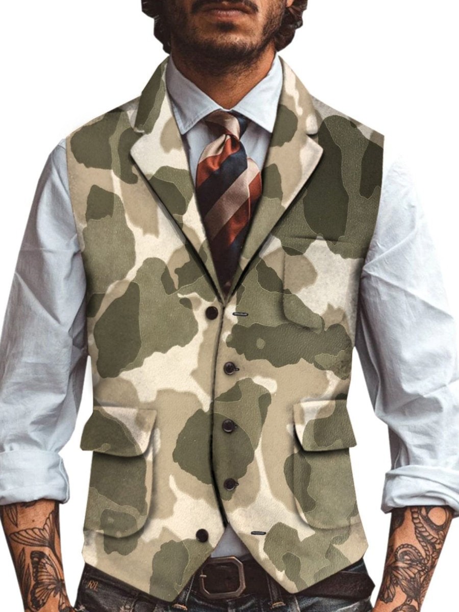 Men QMY Vest | Retro Camouflage Print Vest Photo Color