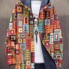 Men DJ Jacket | Vintage Ethnic Geometric Color Block Print Pocket Fleece Hooded Jacket Photo Color