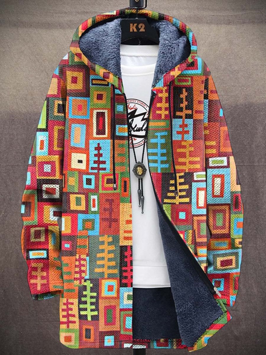 Men DJ Jacket | Vintage Ethnic Geometric Color Block Print Pocket Fleece Hooded Jacket Photo Color