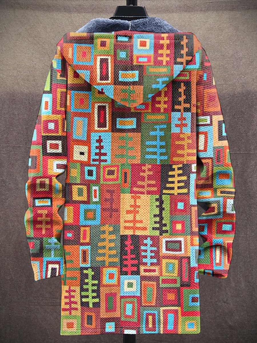 Men DJ Jacket | Vintage Ethnic Geometric Color Block Print Pocket Fleece Hooded Jacket Photo Color