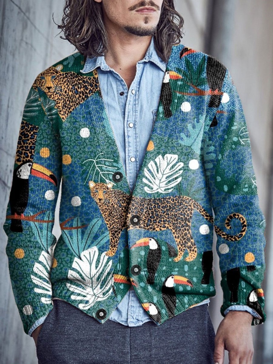 Men BXL Print Cardigan | Men'S Casual Animal World Single-Breasted V-Neck Woolen Cardigan Photo Color