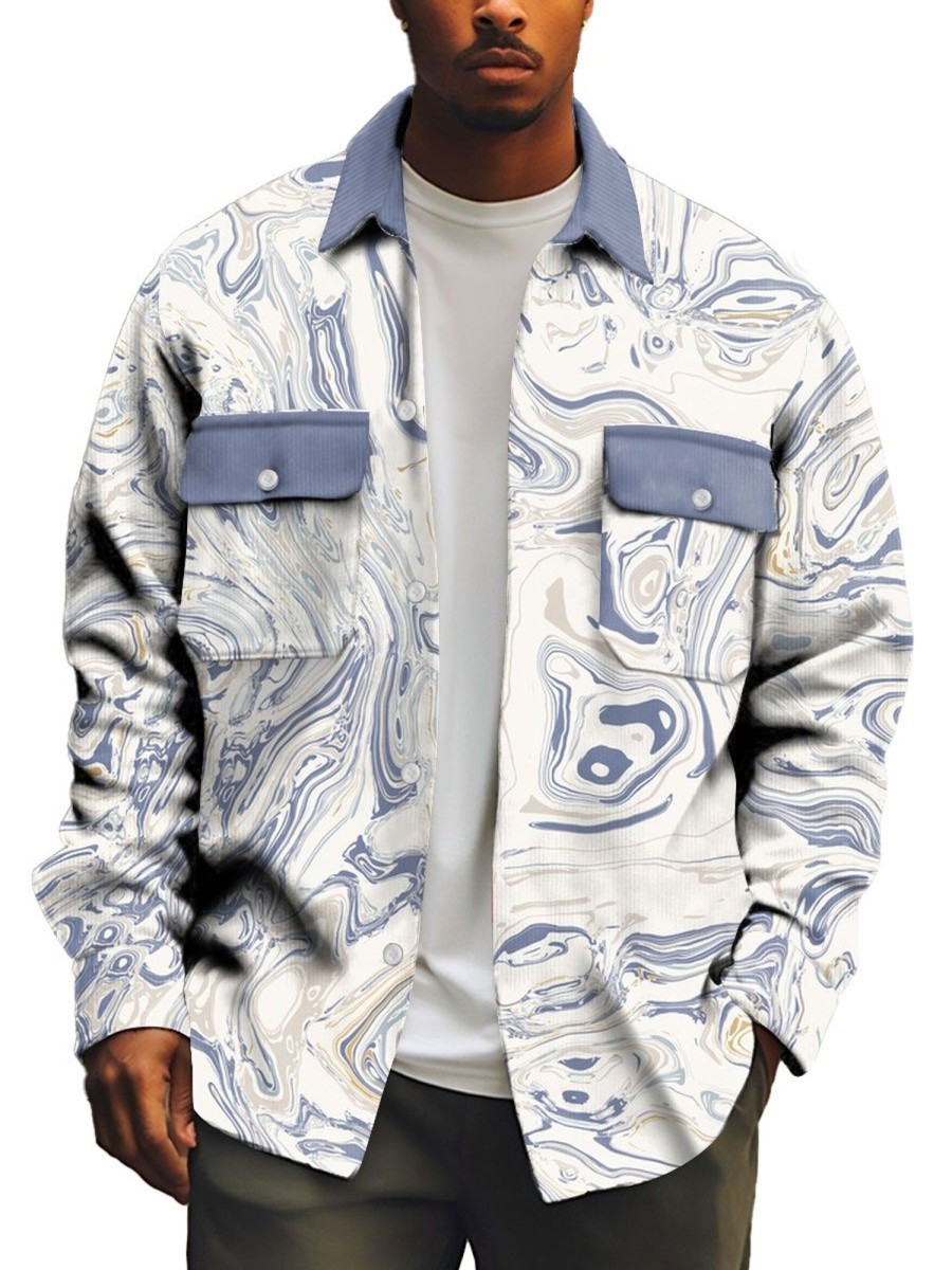 Men TH Print Jacket | Men'S Vintage Marble Pattern Stitching Shirt Jacket Blue