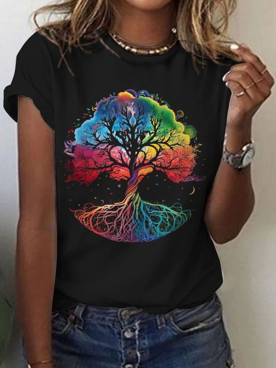 Women DJ | Women'S Radiant Rainbow Tree Of Life Print Casual T-Shirt