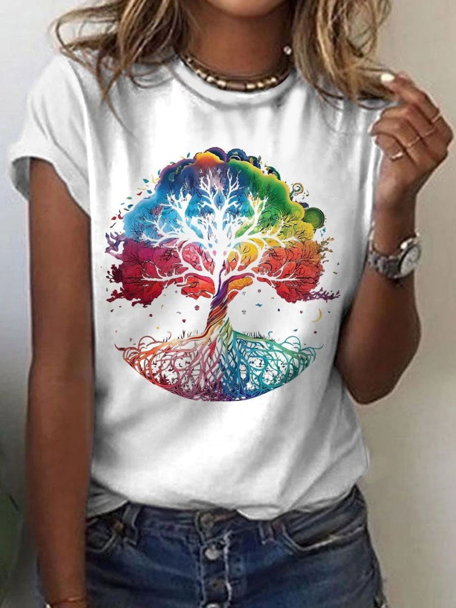 Women DJ | Women'S Radiant Rainbow Tree Of Life Print Casual T-Shirt