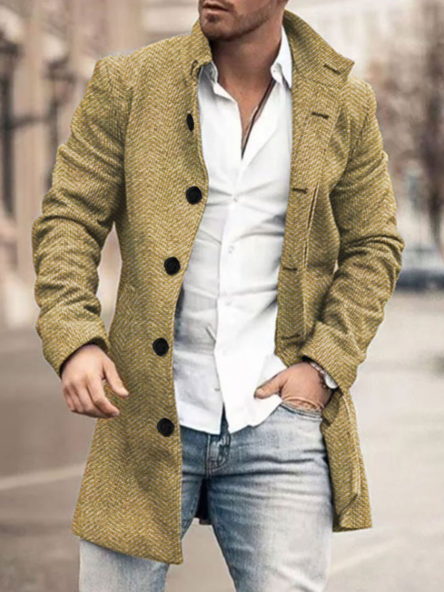 Men BXL Print Jacket | Men'S Vintage Herringbone Wool Single-Breasted Casual Coat Yellow