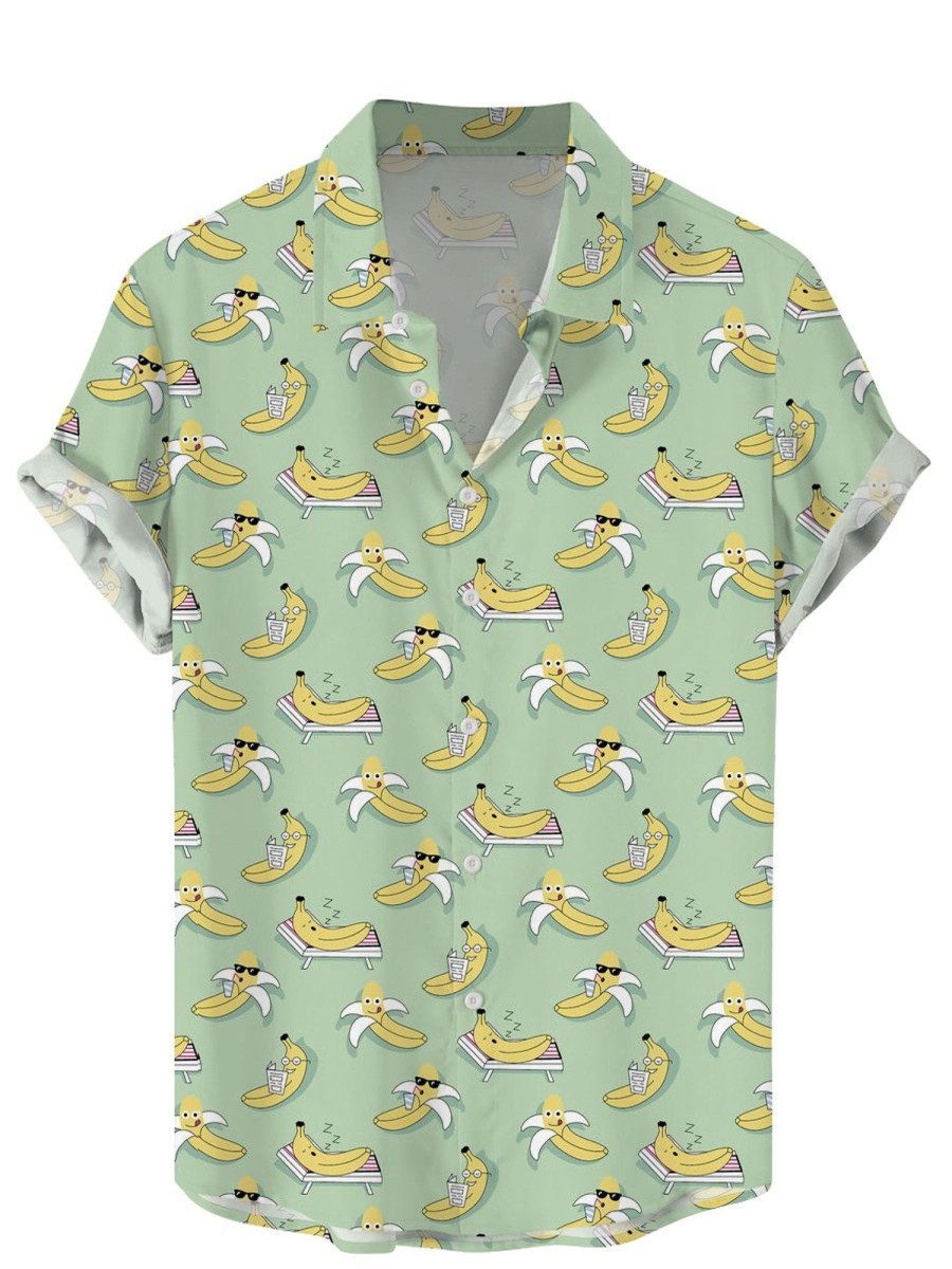 Men QMY Shirts | Hawaii Vacation Banana Print Short Sleeve Shirt Photo Color