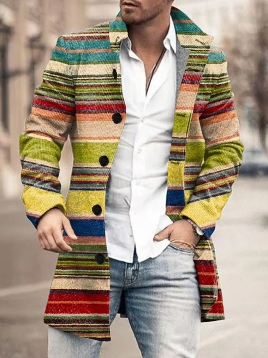 Men DJ Jacket | Vintage Colorful Line Print Double Pocket Single Breasted Jacket Photo Color