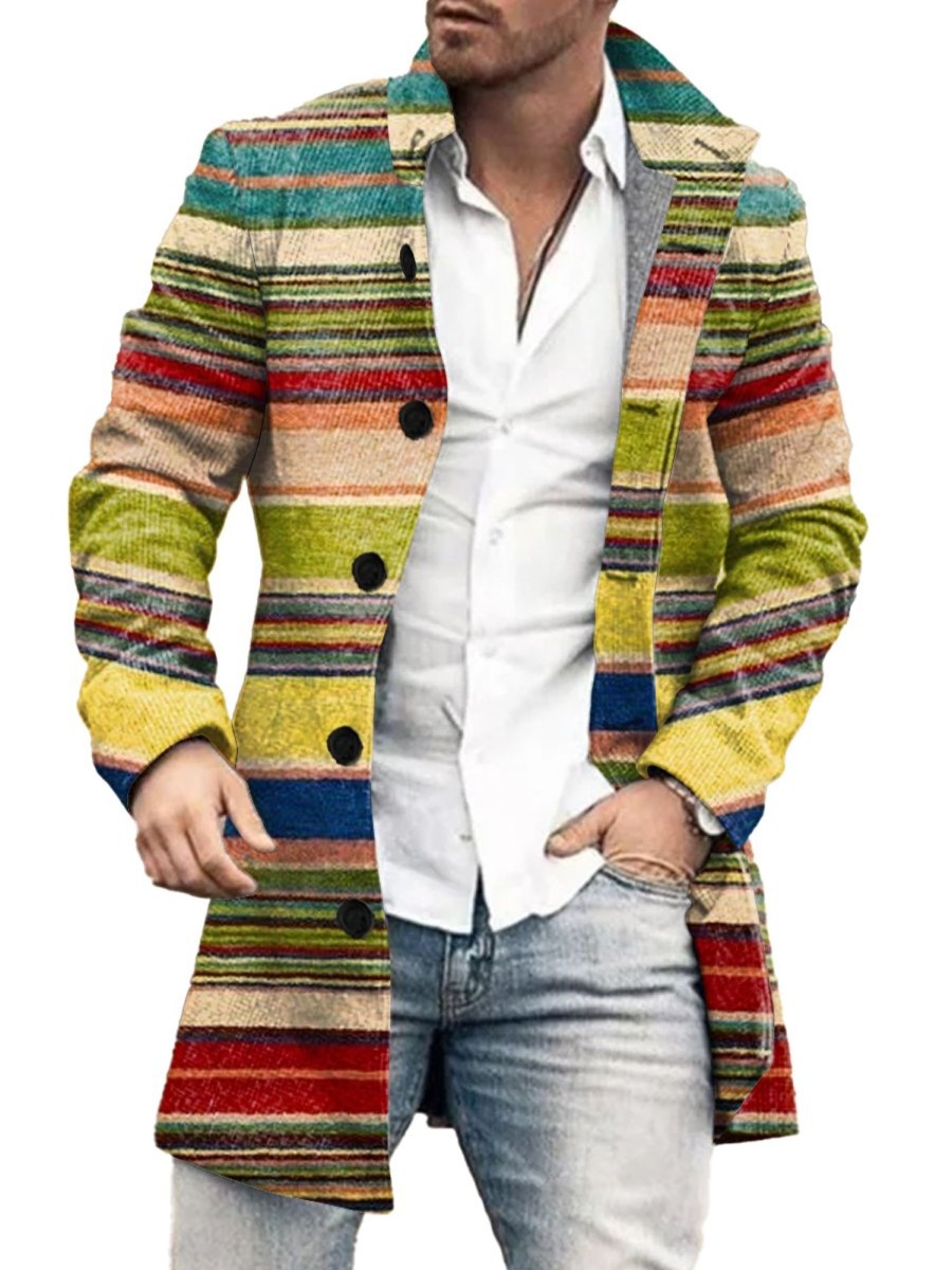 Men DJ Jacket | Vintage Colorful Line Print Double Pocket Single Breasted Jacket Photo Color