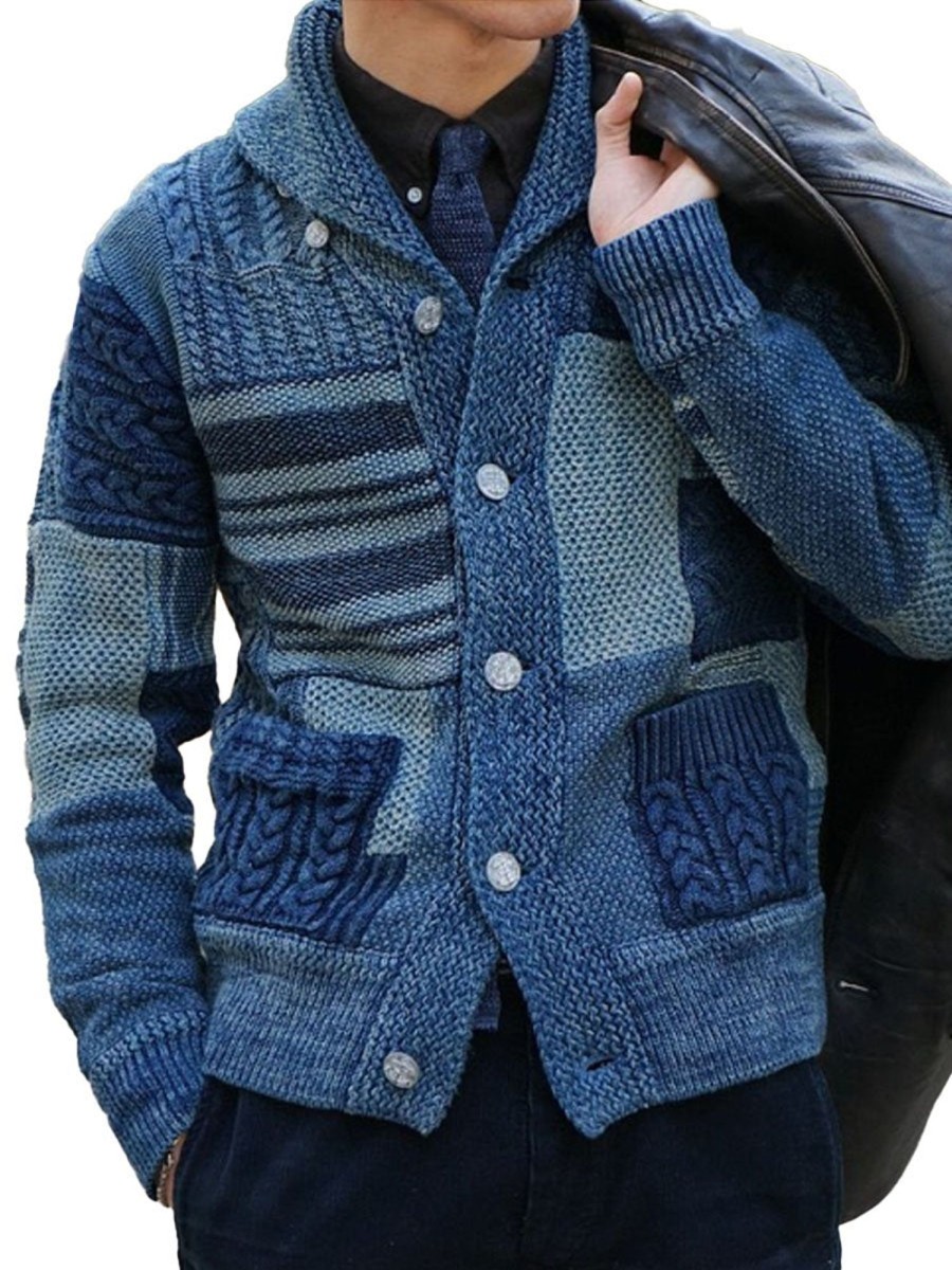 Men DJ Cardigan | Vintage Lapel Double Pocket Knitted Cardigan Blue