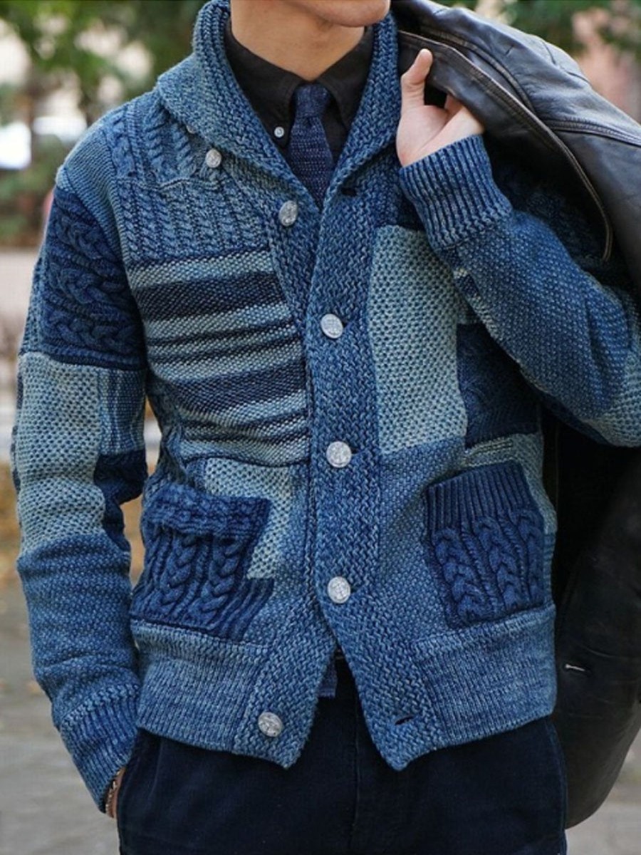 Men DJ Cardigan | Vintage Lapel Double Pocket Knitted Cardigan Blue