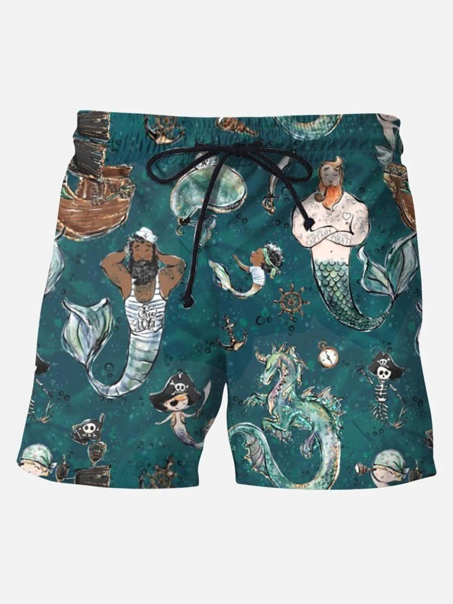 Men DJ Shorts | Men'S Mermen Sailor Print Casual Hawaiian Beach Board Drawstring Shorts