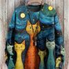 Men DJ Print Sweater | Romantic Starry Cat Family Print Casual Round Neck Knitted Pullover Sweater Photo Color