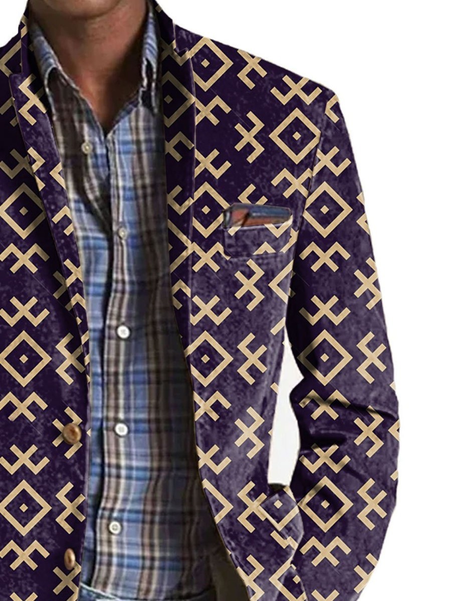 Men BXL Print Jacket | Men'S Retro Geometric Print Pocket Casual Blazer Purple