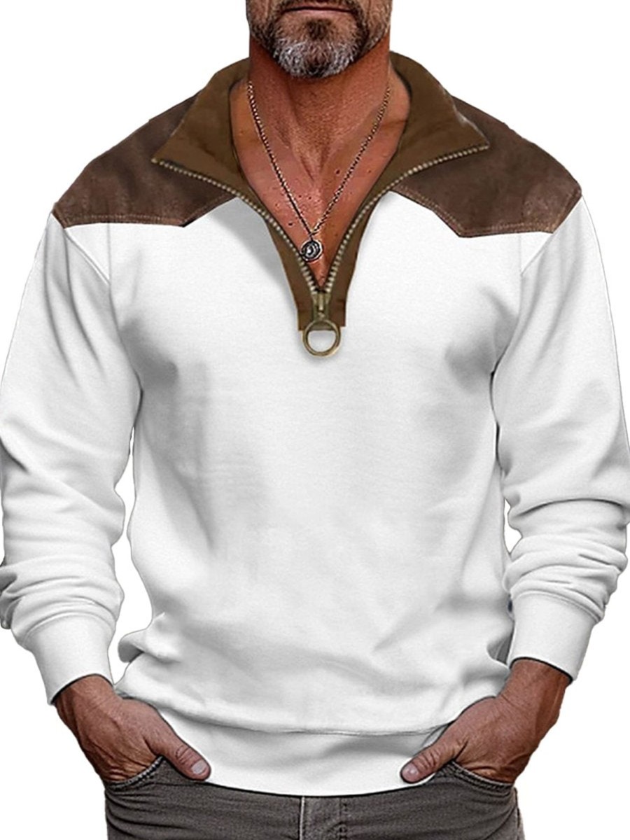 Men QMY Casual Hoodie | Retro Patchwork Contrasting Zipper Stand Collar Sweatshirt White