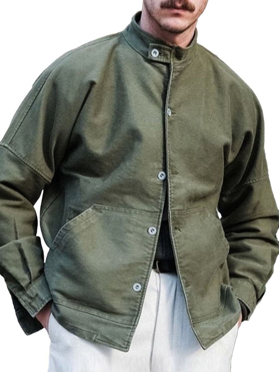 Men DJ Jacket | Vintage Stand-Collar Single-Breasted Double-Pocket Jacket Army Green