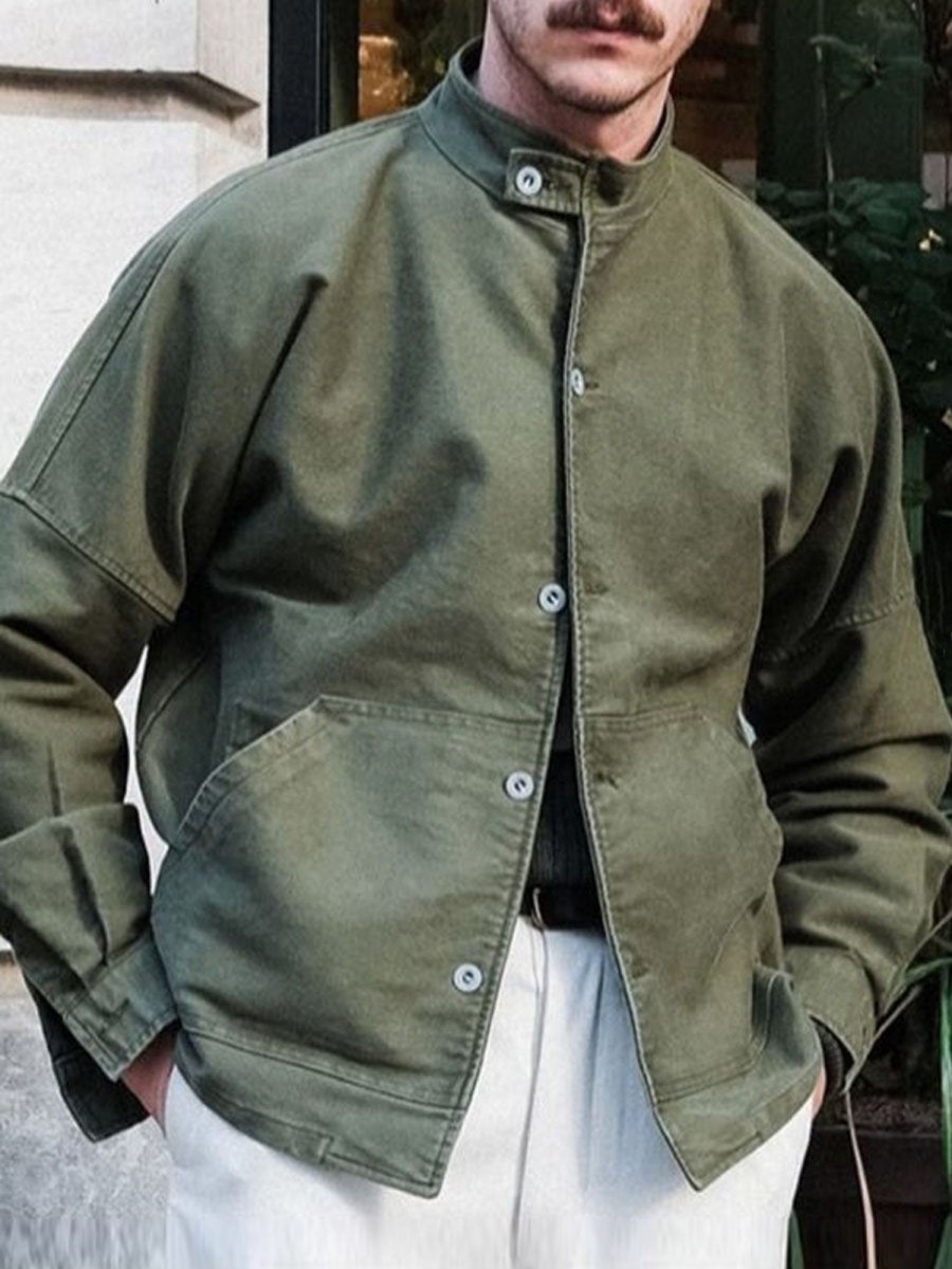 Men DJ Jacket | Vintage Stand-Collar Single-Breasted Double-Pocket Jacket Army Green