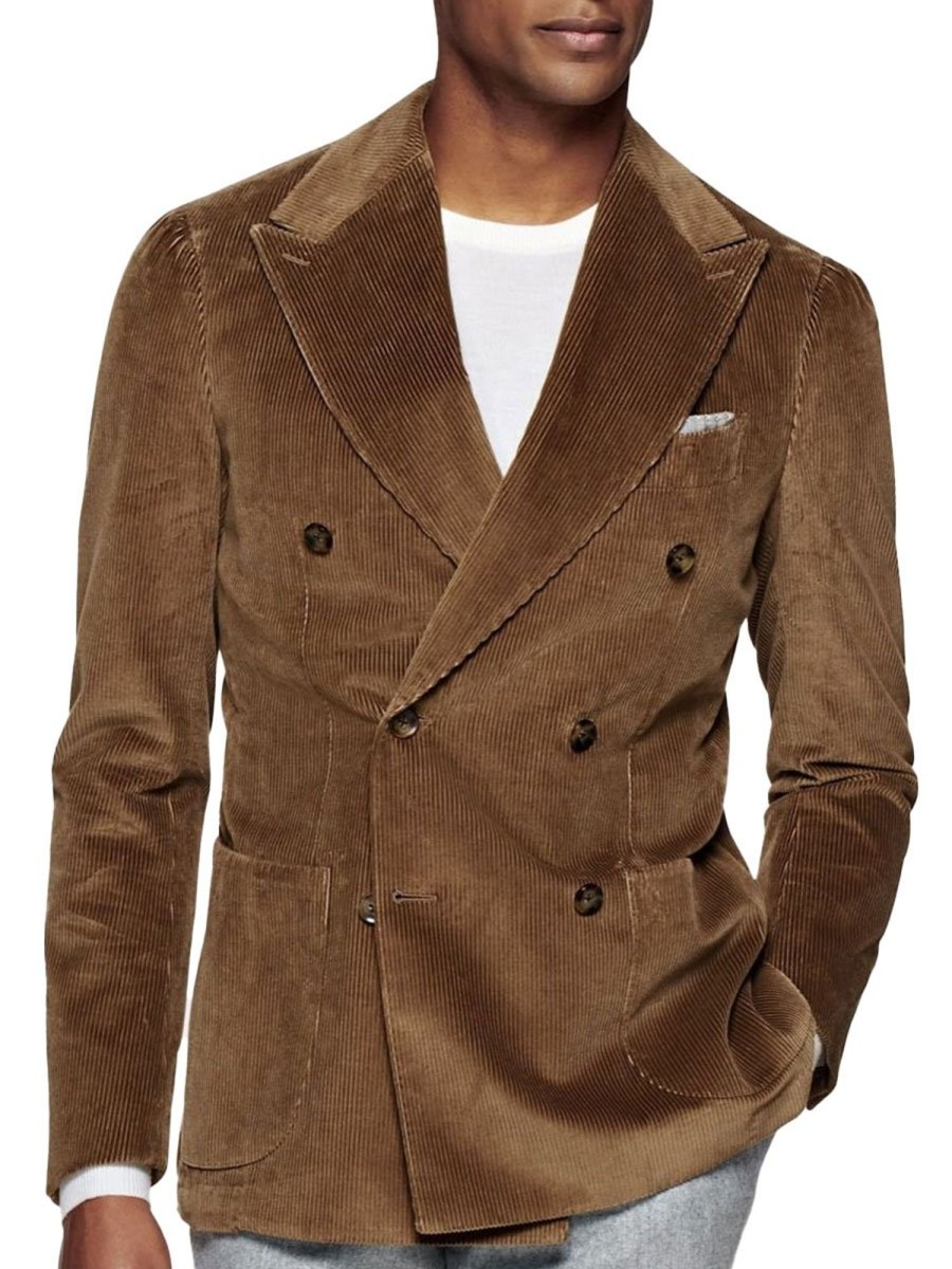 Men BXL Jacket | Men'S Solid Color Corduroy Double Breasted Casual Blazer Brown