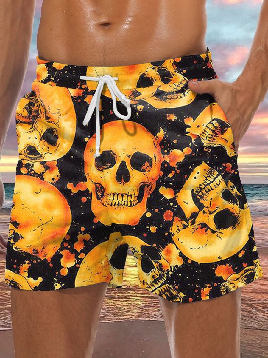 Men DJ Shorts | Skull Print Pocket Shorts Yellow