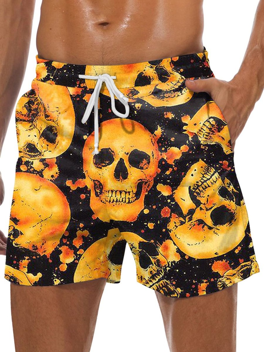 Men DJ Shorts | Skull Print Pocket Shorts Yellow