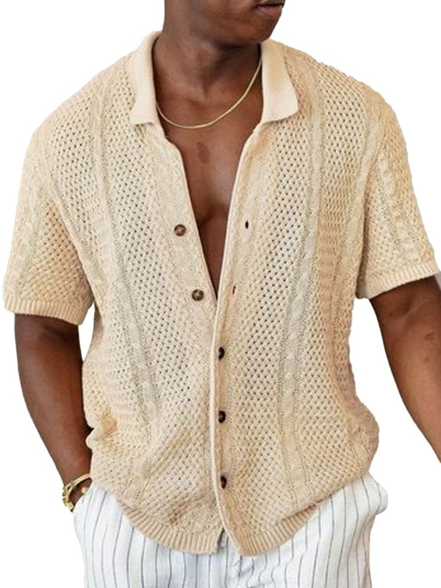 Men DJ Casual Short Sleeve Shirts | Lapel Single-Breasted Casual Knitted Short-Sleeved Shirt Photo Color