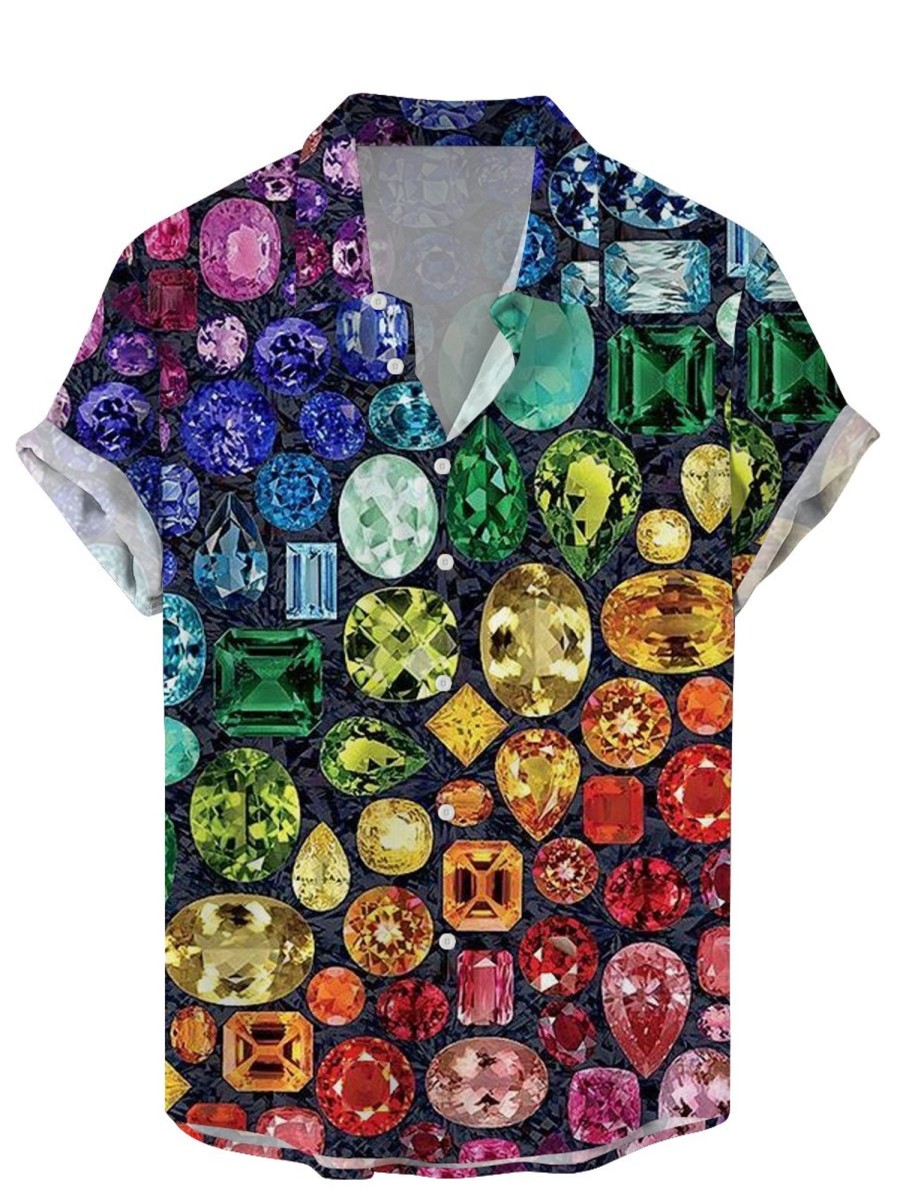 Men DJ Shirts | Vintage Colorful Diamond Print Hawaiian Short Sleeve Shirt Photo Color