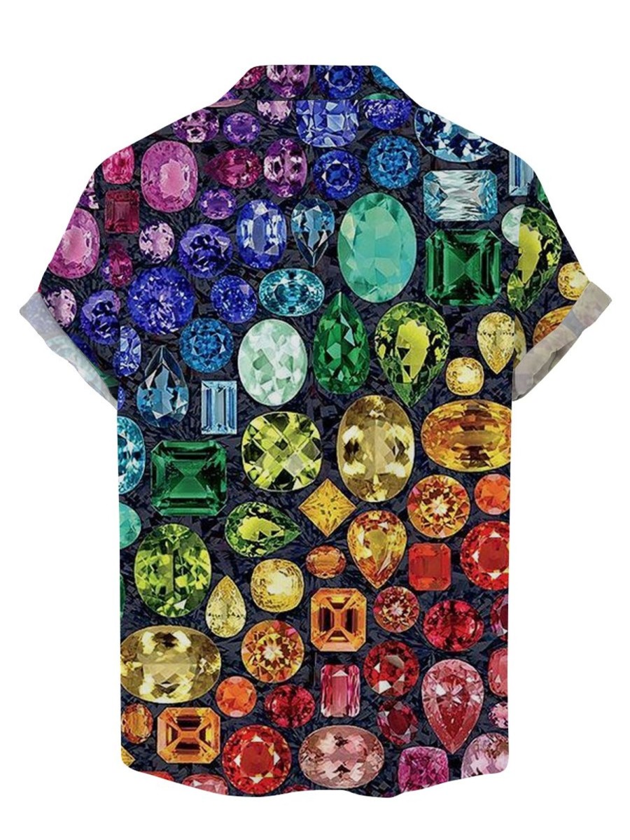 Men DJ Shirts | Vintage Colorful Diamond Print Hawaiian Short Sleeve Shirt Photo Color