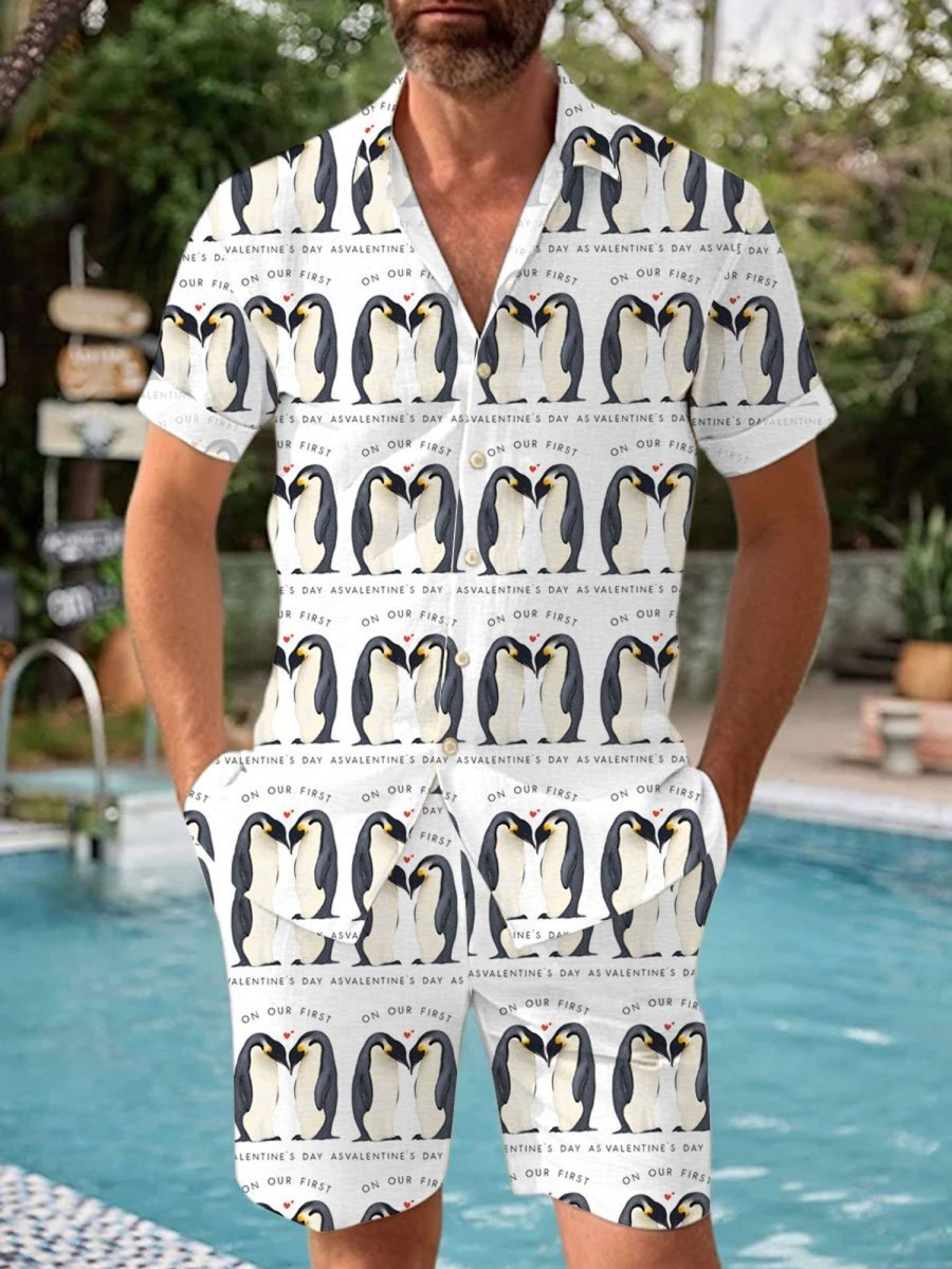 Men BXL Set | Men'S Valentine'S Day Penguin Print Holiday Short Sleeve Shirt And Shorts Set Photo Color