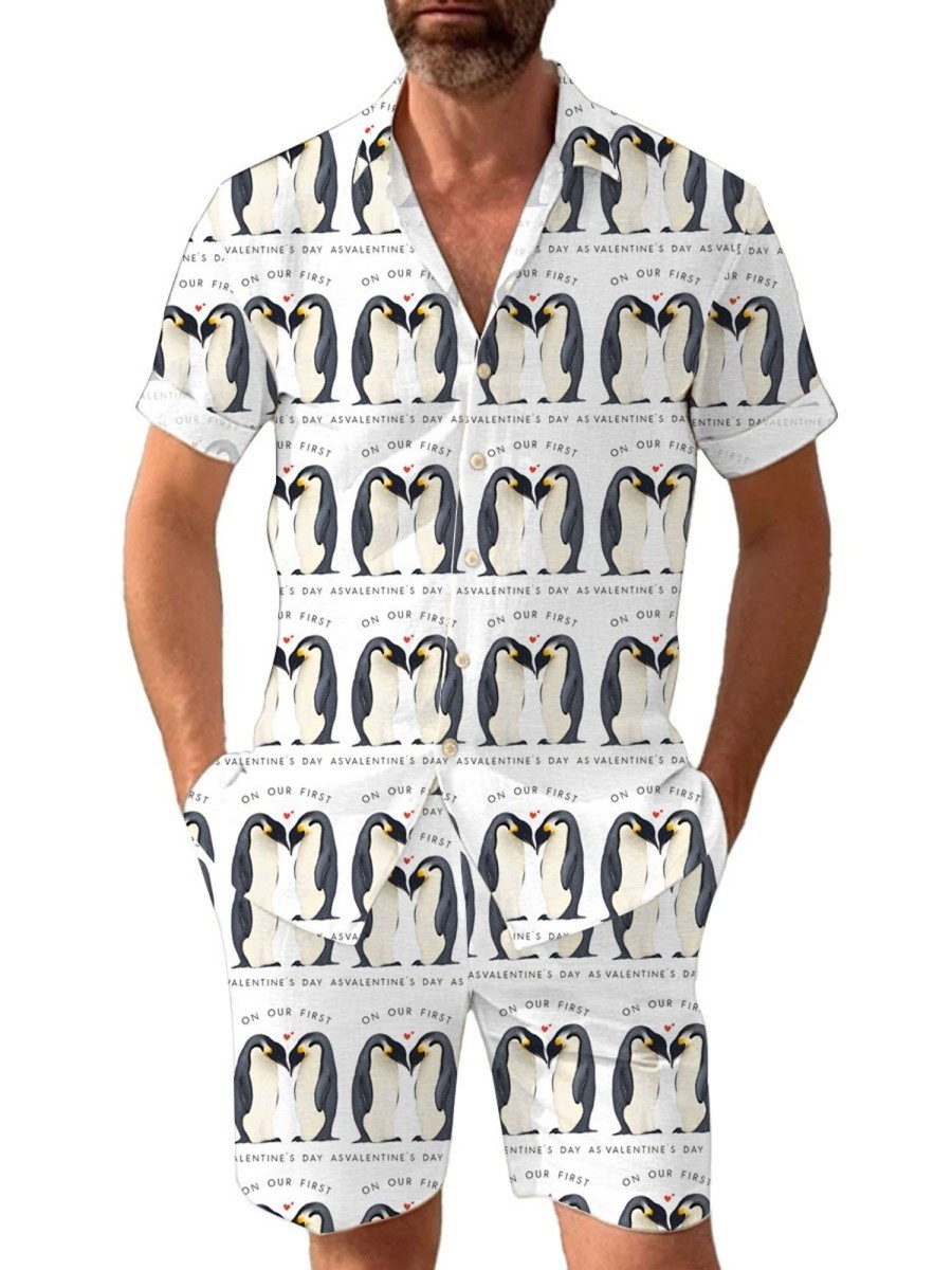 Men BXL Set | Men'S Valentine'S Day Penguin Print Holiday Short Sleeve Shirt And Shorts Set Photo Color