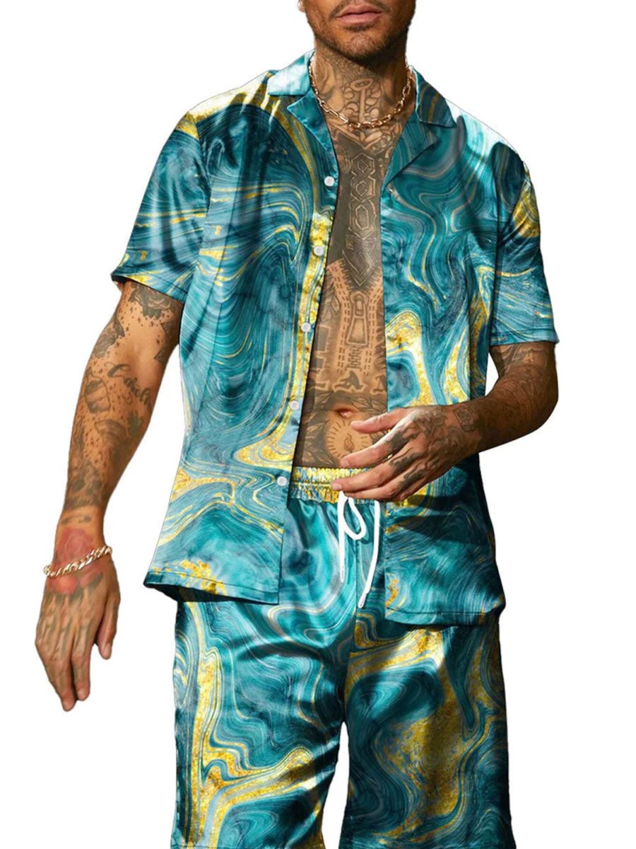 Men BXL Set | Men'S Marble Patterned Gold Printed Casual Short-Sleeved Suit Blue