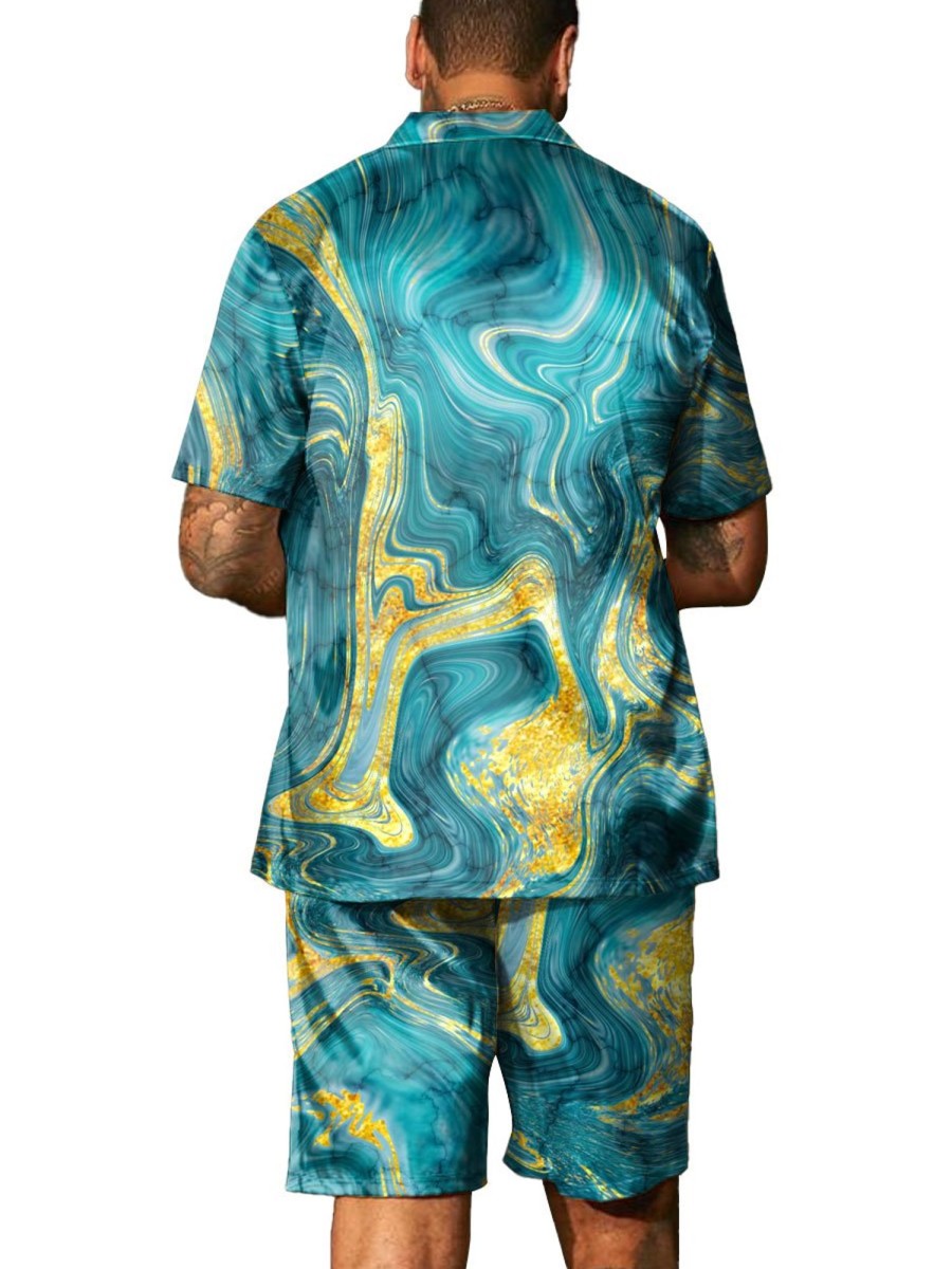 Men BXL Set | Men'S Marble Patterned Gold Printed Casual Short-Sleeved Suit Blue