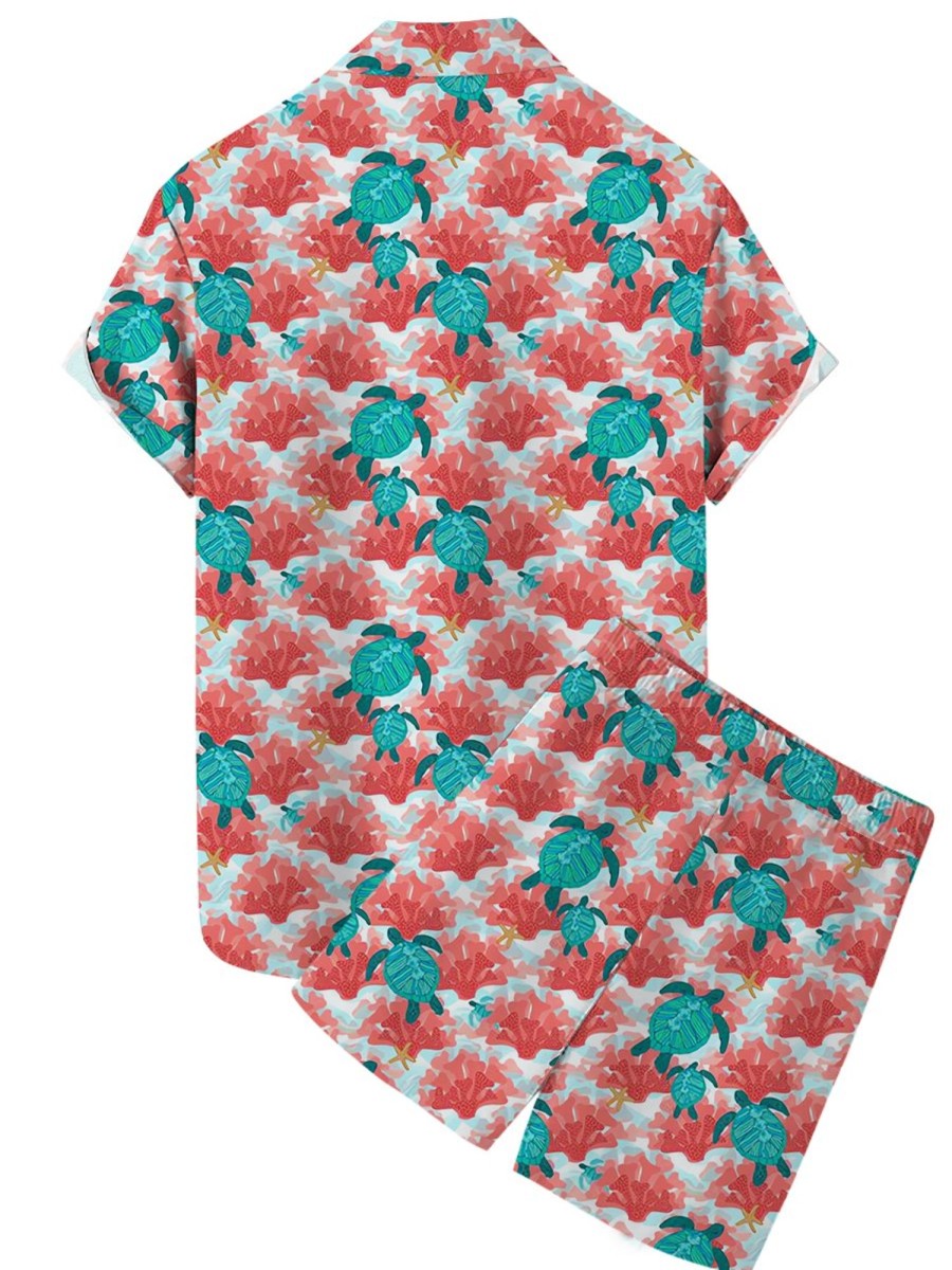 Men LJC Set | Turtle Coral Print Short Sleeve Suit Photo Color