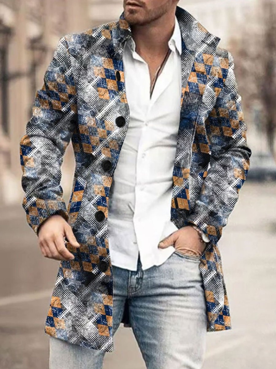 Men BXL Print Jacket | Men'S Casual Button Pockets Retro Geometric Print Wool Coat Photo Color