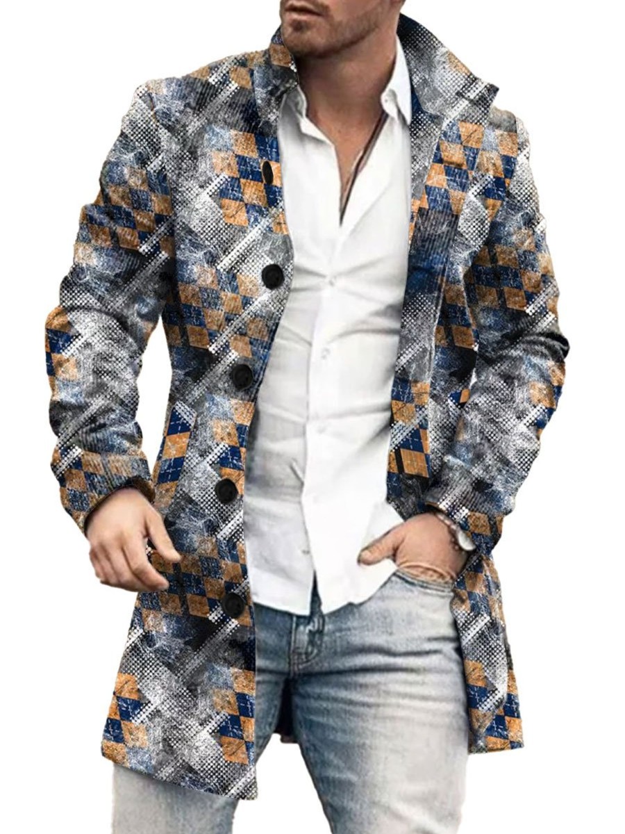 Men BXL Print Jacket | Men'S Casual Button Pockets Retro Geometric Print Wool Coat Photo Color