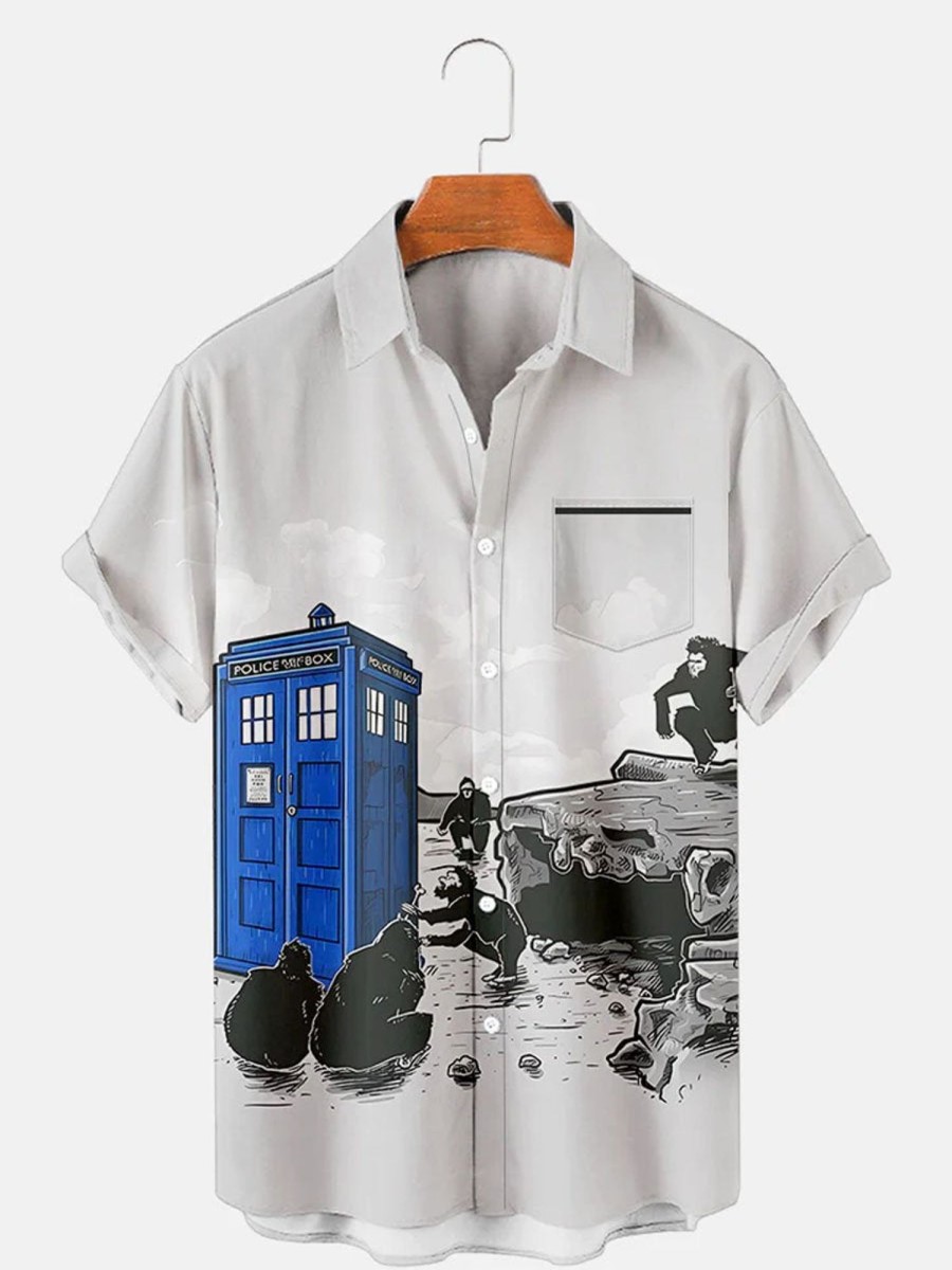 Men DJ Shirts | Magic Box Printed Casual Pocket Short Sleeve Shirt Photo Color