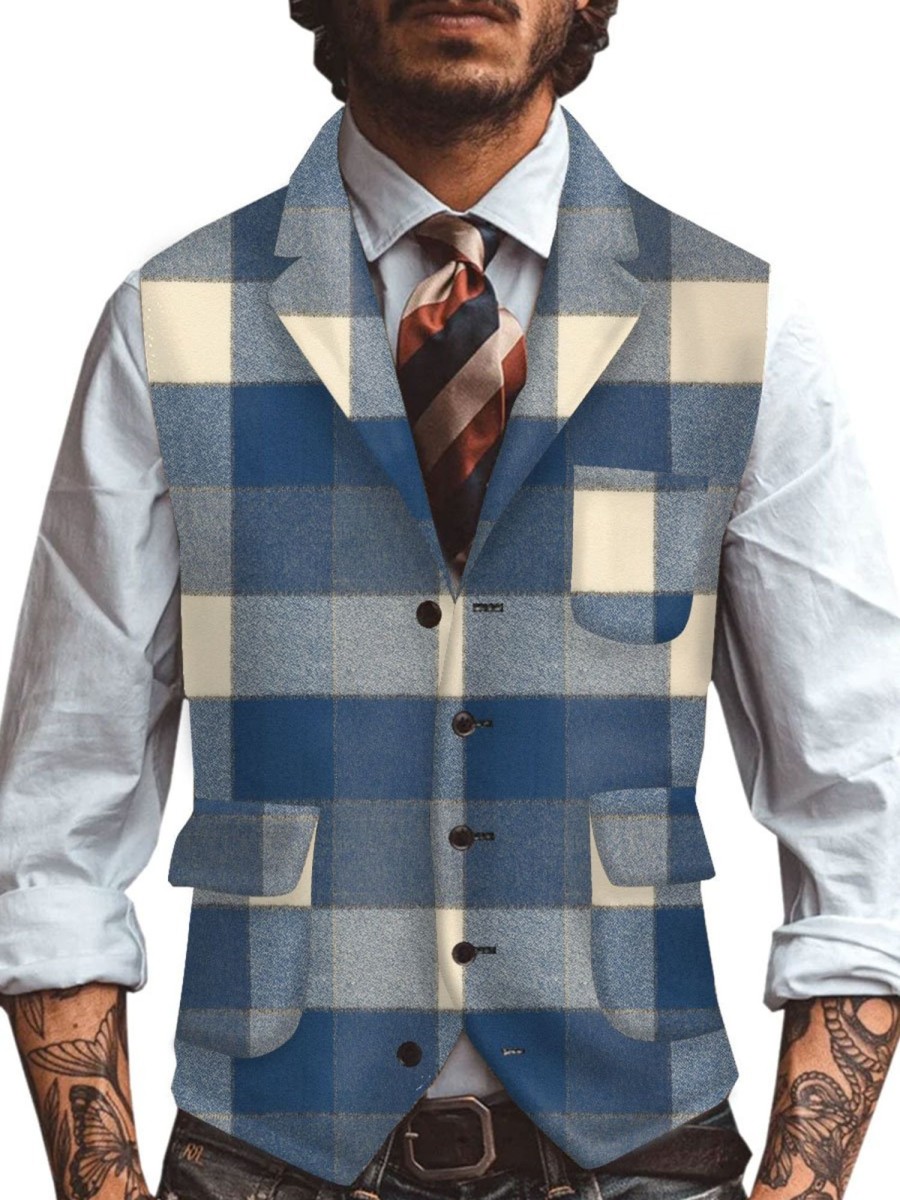 Men BXL Vest | Men'S Woolen Geometric Print Multi-Pocket Casual Vest Blue