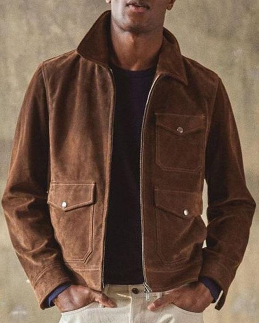 Men DJ Jacket | Multi-Pocket Lapel Solid Suede Zipped Casual Jacket Brown