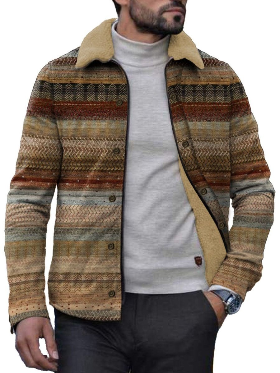 Men DJ Jacket | Retro Ethnic Style Printed Velvet Warm Lapel Jacket Photo Color