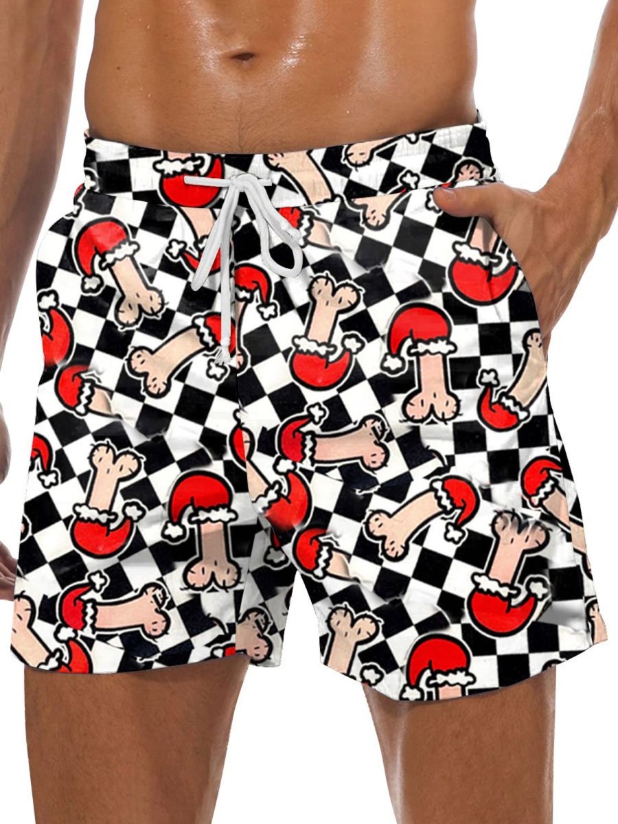 Men BXL Bottoms | Fun Plaid Christmas Rooster Print Casual Shorts Photo Color